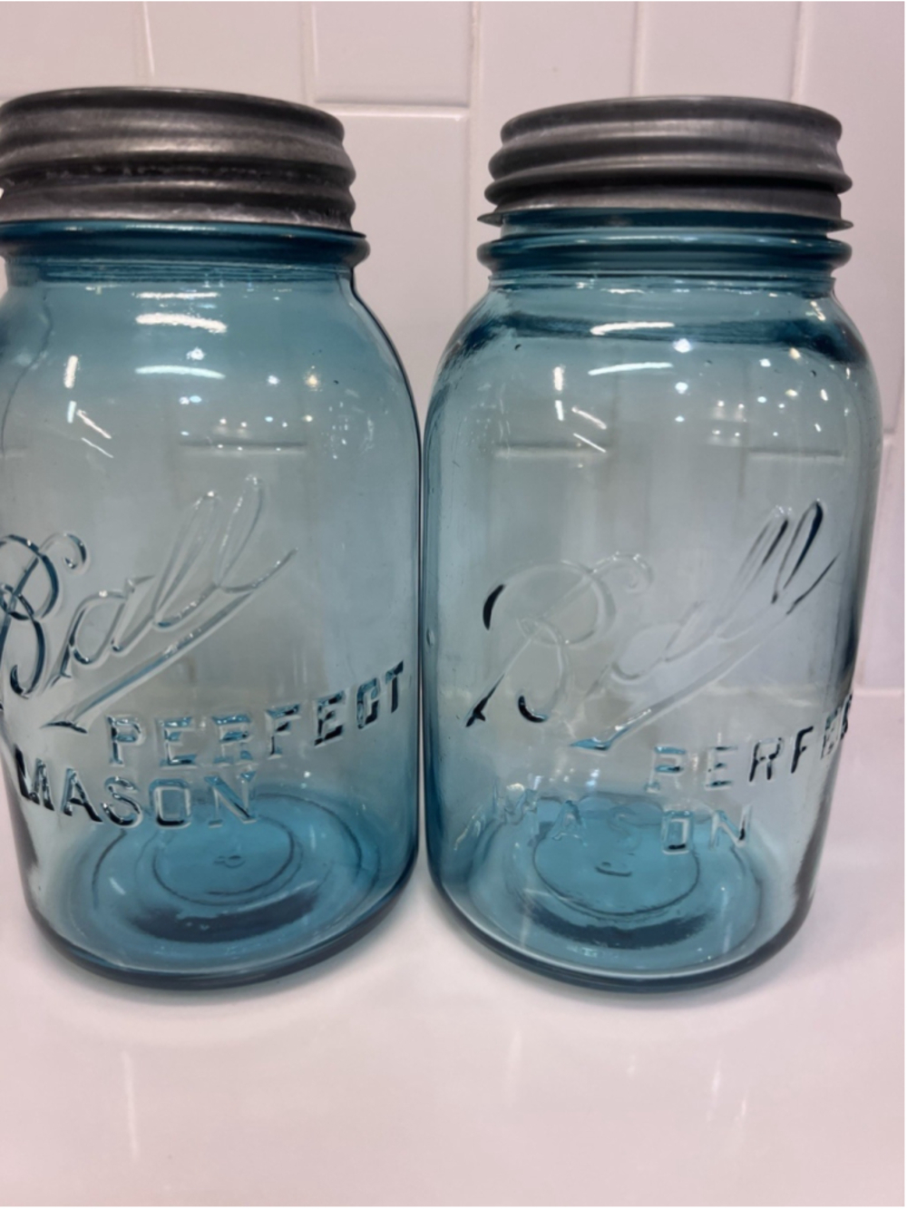 Vintage Ball Offset Perfect Mason Blue Quart Jars With zinc Lids Lot Of 2